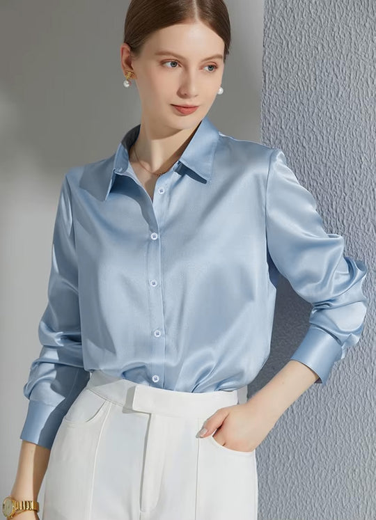Damen Luxus Satin-Bluse mit elegantem Kragen und weichen Ärmeln Heidi-Mode