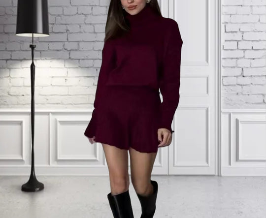 Damen Oversized Strickpullover mit hochwertiger Rippstruktur und passendem Minirock Heidi-Mode