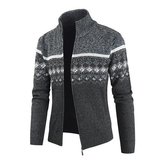 Herren Strickjacke mit Wintermuster und hohem Stehkragen Heidi-Mode