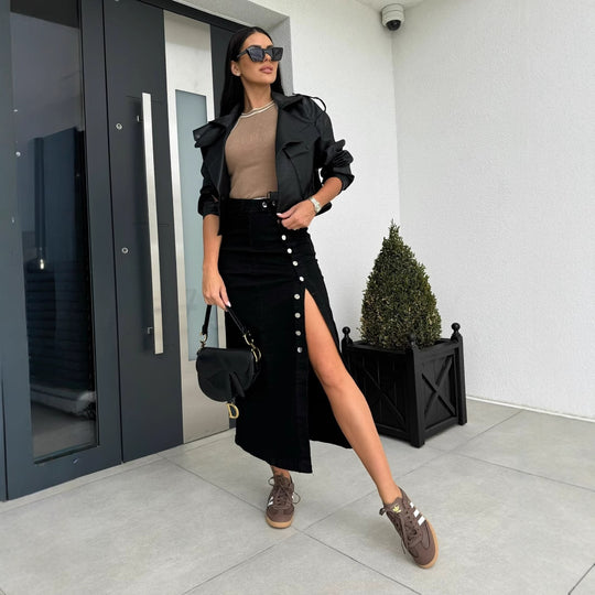 Damen Langer Jeansrock mit seitlichem Schlitz und modischen Knopfdetails Heidi-Mode