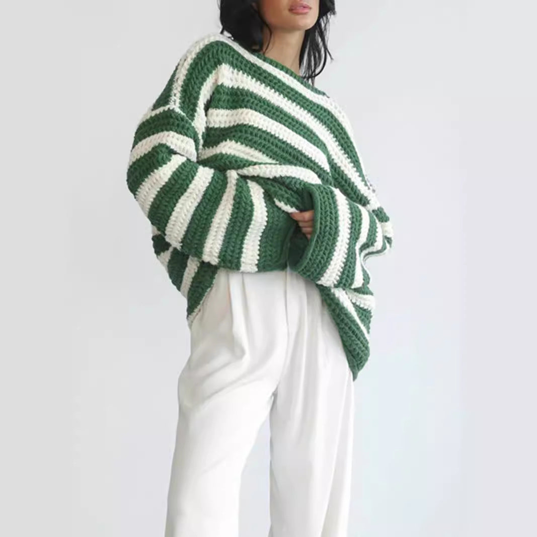 Damen lässiger gehäkelter Pullover mit modernen Blockstreifen Heidi-Mode