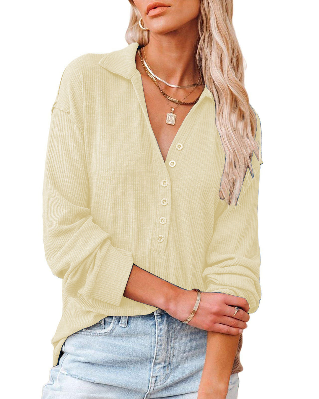 Damen lässiges Langarmhemd mit Knopfleiste und strukturiertem Muster Heidi-Mode