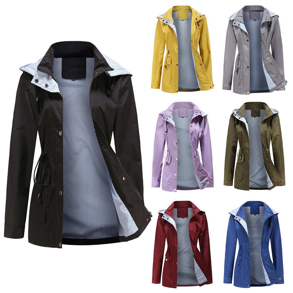 Damen Wetterfeste Regenjacke mit verstellbarem Kapuzenkragen und Taillenzug Heidi-Mode
