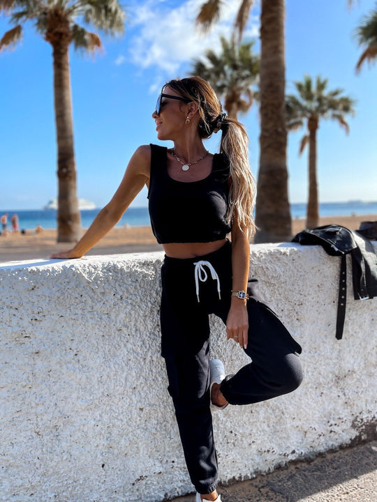 Damen lässiges Crop-Top und Jogginghose-Set mit verstellbarem Kordelzug Heidi-Mode