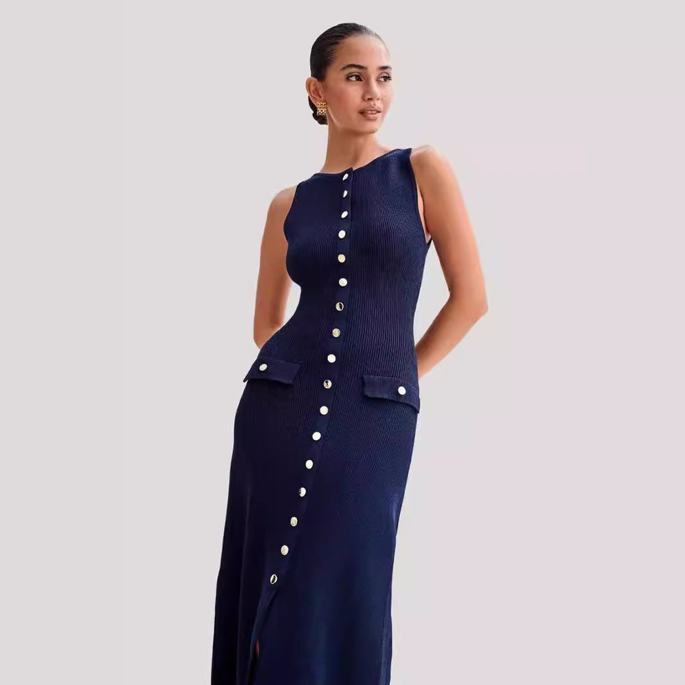 Damen Langes Wickelkleid mit Knopfdetails und praktischen Taschen Heidi-Mode