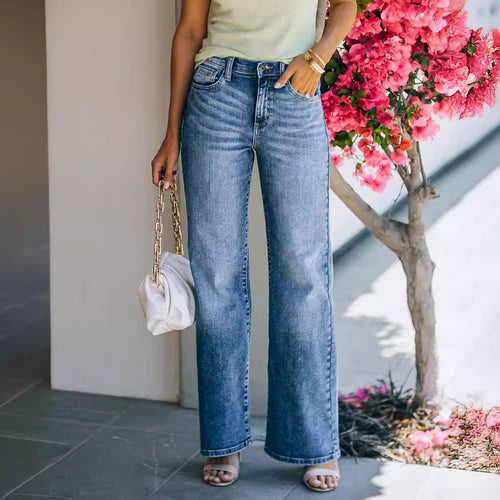 Damen Weit geschnittene Jeanshose mit hohem Bund und dezenten Waschungen Heidi-Mode