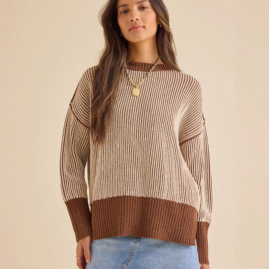 Damen lässiger Strickpullover mit modernem Rippenmuster und überschnittenen Schultern Heidi-Mode