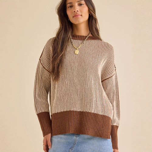 Damen lässiger Strickpullover mit modernem Rippenmuster und überschnittenen Schultern Heidi-Mode