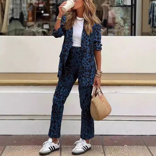 Damen elegantes Leinenanzug-Set im Leopardenmuster mit tailliertem Blazer und geraden Hose Heidi-Mode
