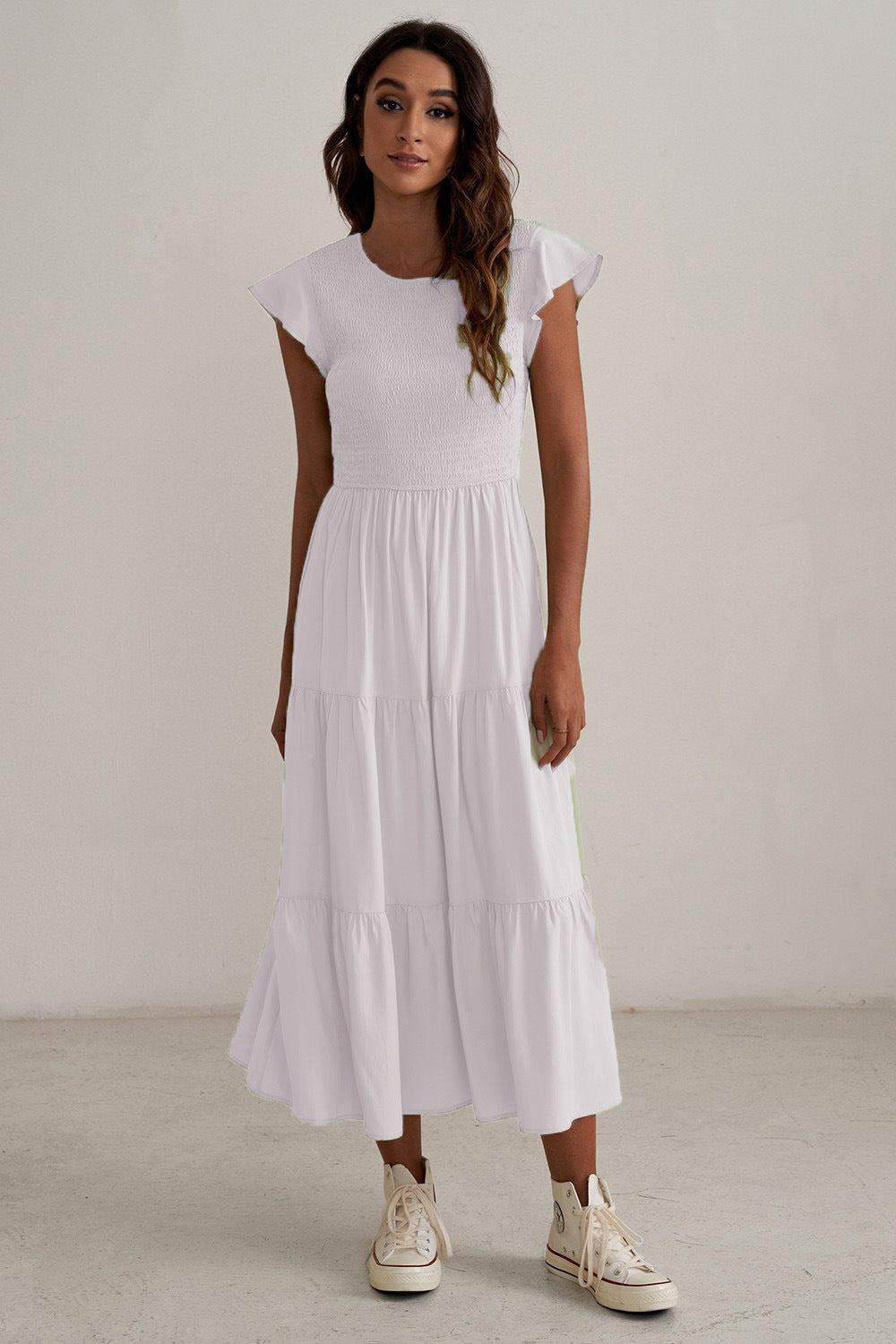 Damen Maxikleid mit voluminösen Rüschen und elastischem Rücken Heidi-Mode