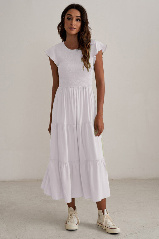 Damen Maxikleid mit voluminösen Rüschen und elastischem Rücken Heidi-Mode