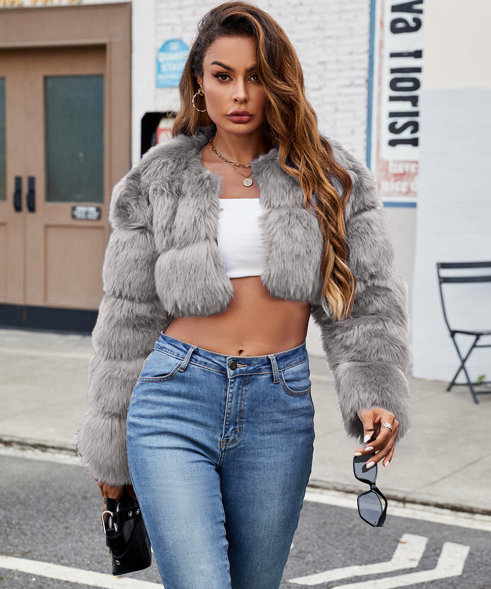 Damen Flauschige Kurzmantel aus Kunstfell mit puffartigen Ärmeln Heidi-Mode