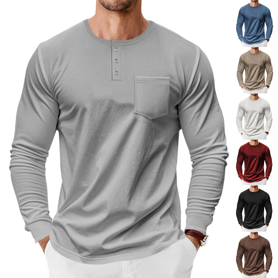 Herren Langarm-Henley-Shirt mit praktischer Brusttasche und modischen Knopfdetails Heidi-Mode