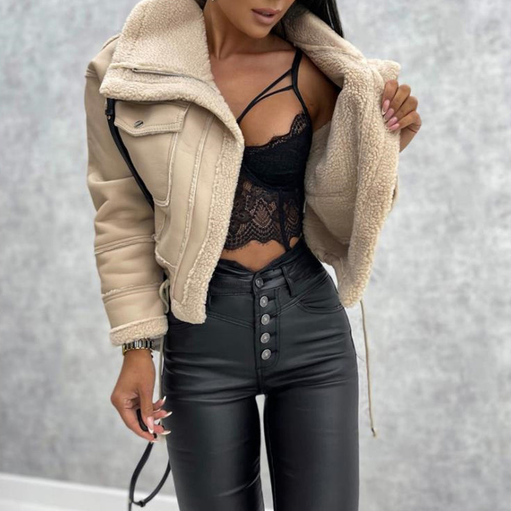 Damen kurze Jacke mit Sherpa-Futter Heidi-Mode