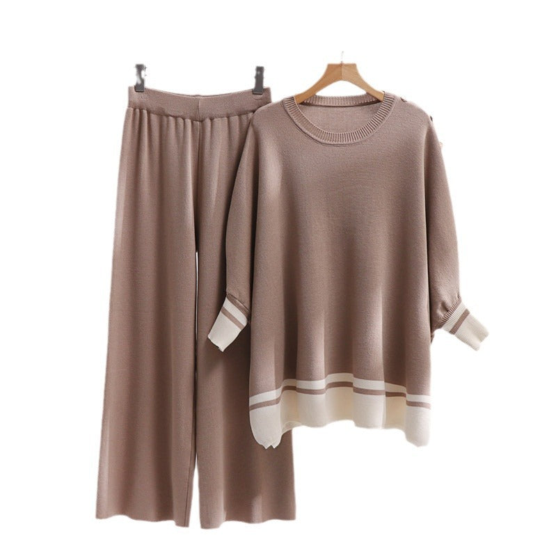 Damen lässiges Strick-Loungewear-Set mit modischem Kontrastsaum und weitem Schnitt Heidi-Mode