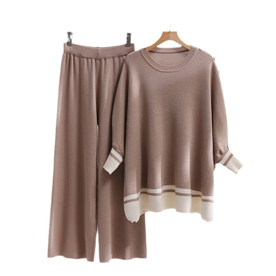 Damen lässiges Strick-Loungewear-Set mit modischem Kontrastsaum und weitem Schnitt Heidi-Mode