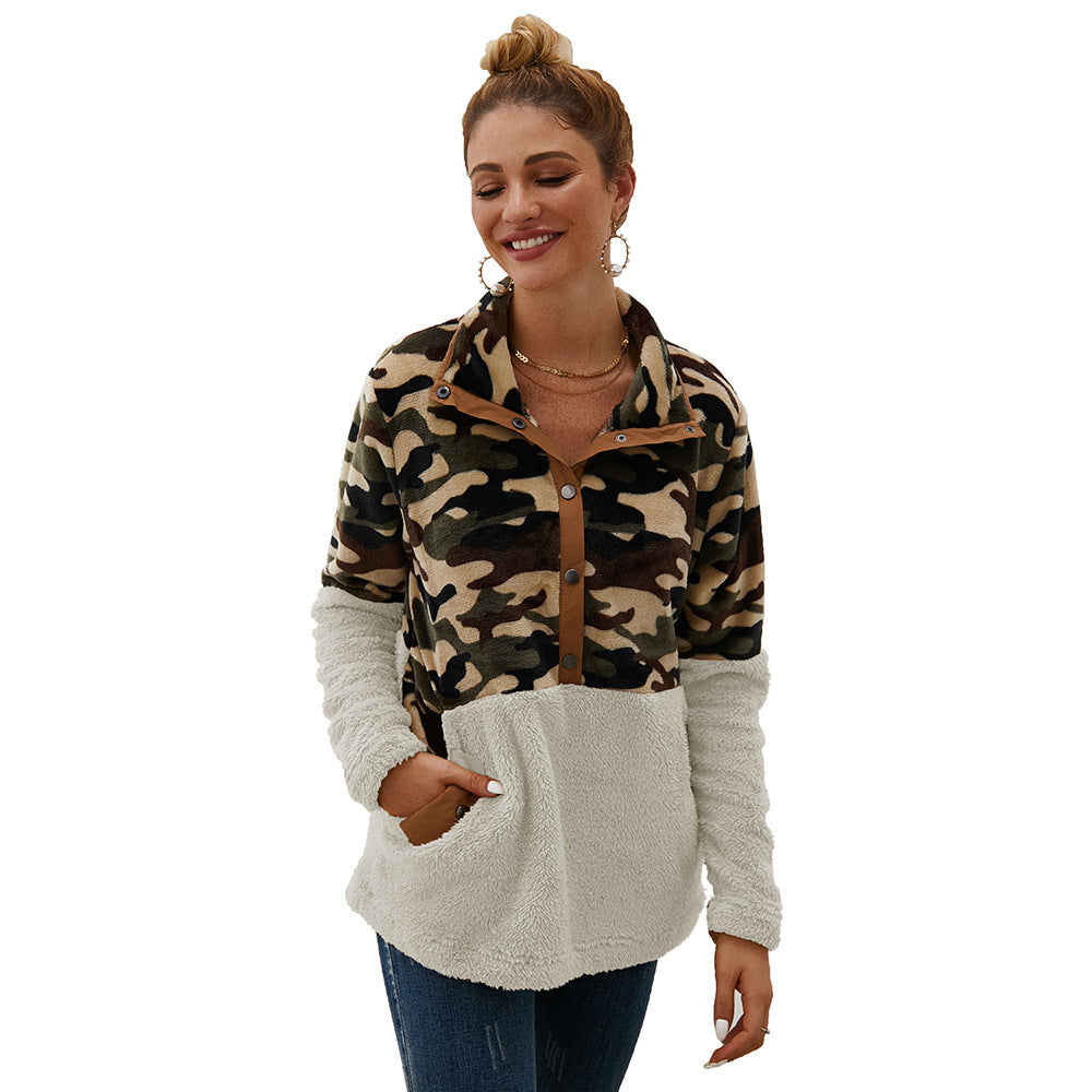 Damen warme Fleecejacke im Camouflage-Design mit hohem Kragen Heidi-Mode