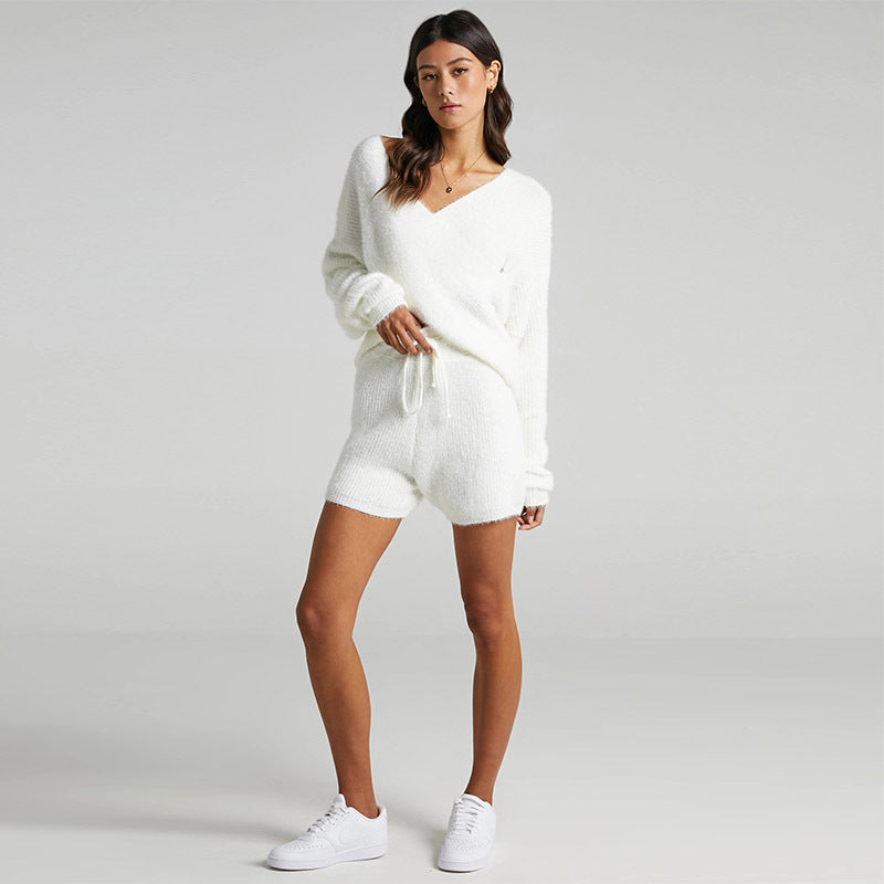 Damen gestricktes Lounge-Set mit V-Ausschnitt und elastischem Taillenzug Heidi-Mode