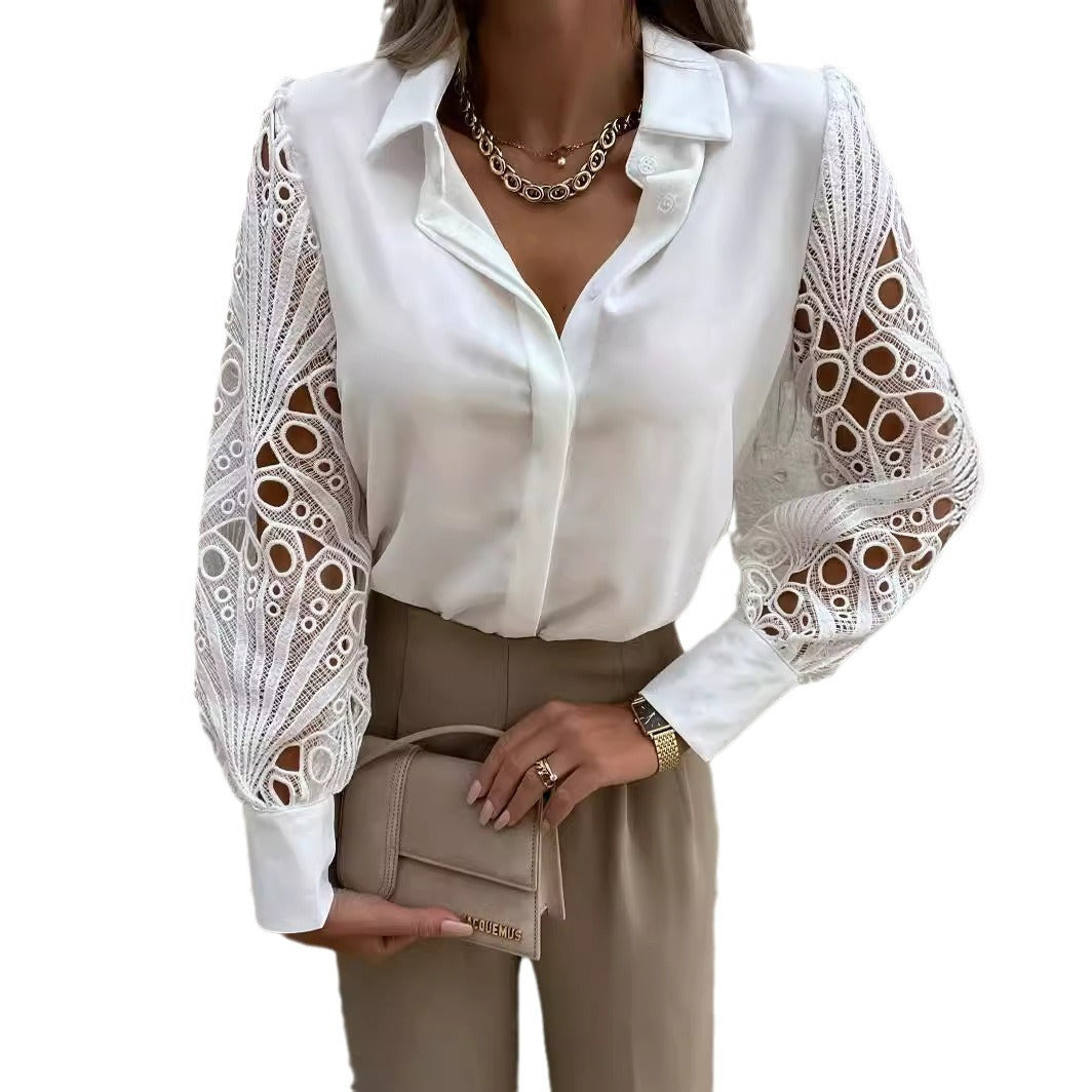 Damen Elegante Bluse mit kunstvollen Spitzenärmeln Heidi-Mode