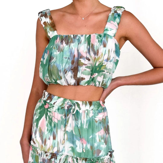 Damen Drei-Teiler Set mit Crop-Top, Maxirock und floralen Mustern Heidi-Mode