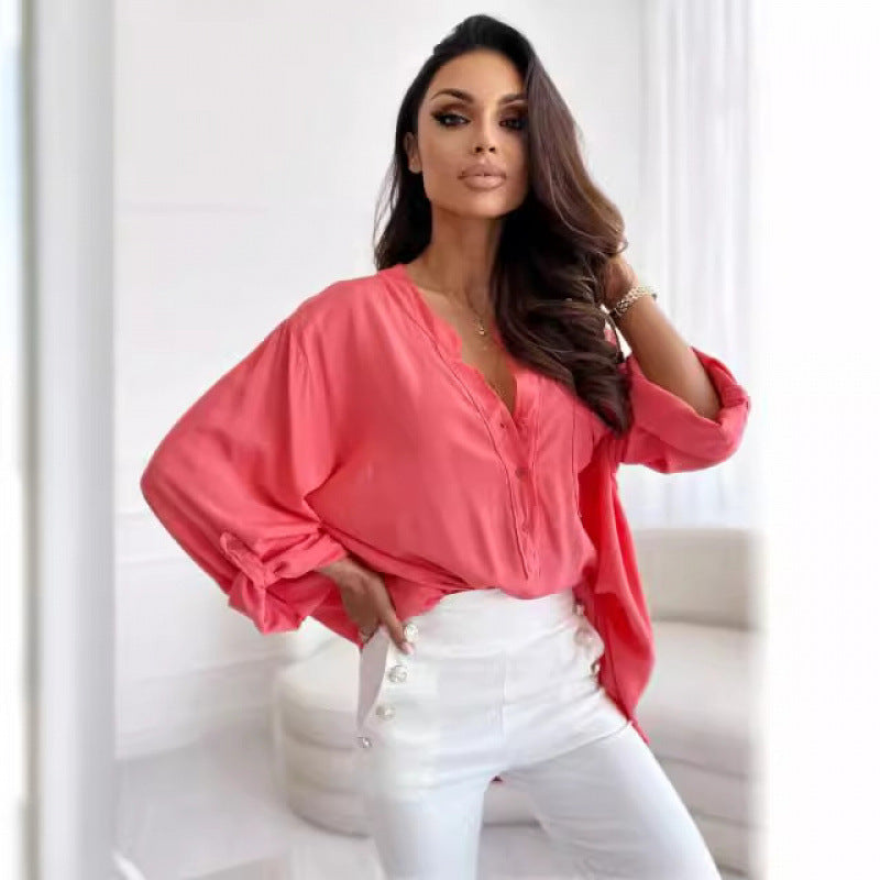 Femme Leichte Button-Up Bluse mit hochkrempelbaren Ärmeln Heidi-Mode