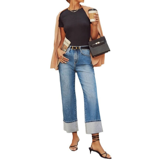 Damen Weit geschnittene Jeans mit moderner Säumenprägung Heidi-Mode