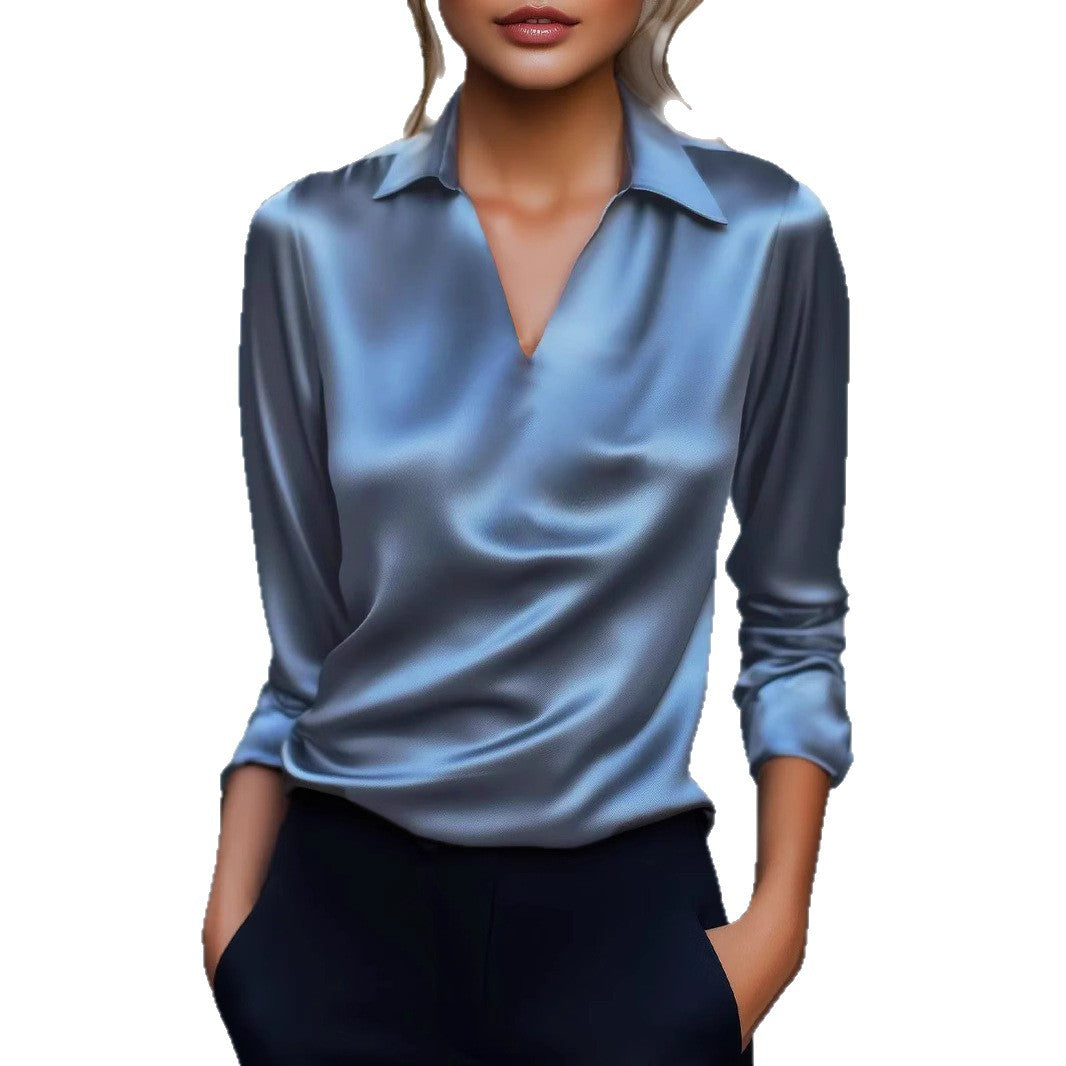 Damen Edles Satin-Oberteil mit V-Ausschnitt und klassischem Kragen Heidi-Mode