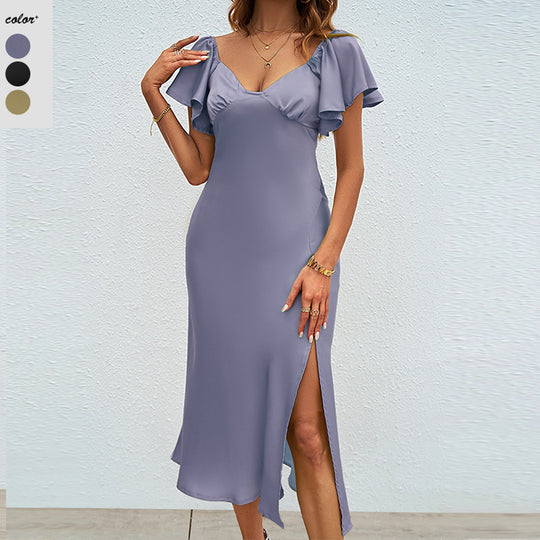 Damen Maxikleid mit eleganten Puffärmeln und seitlichem Schlitz Heidi-Mode