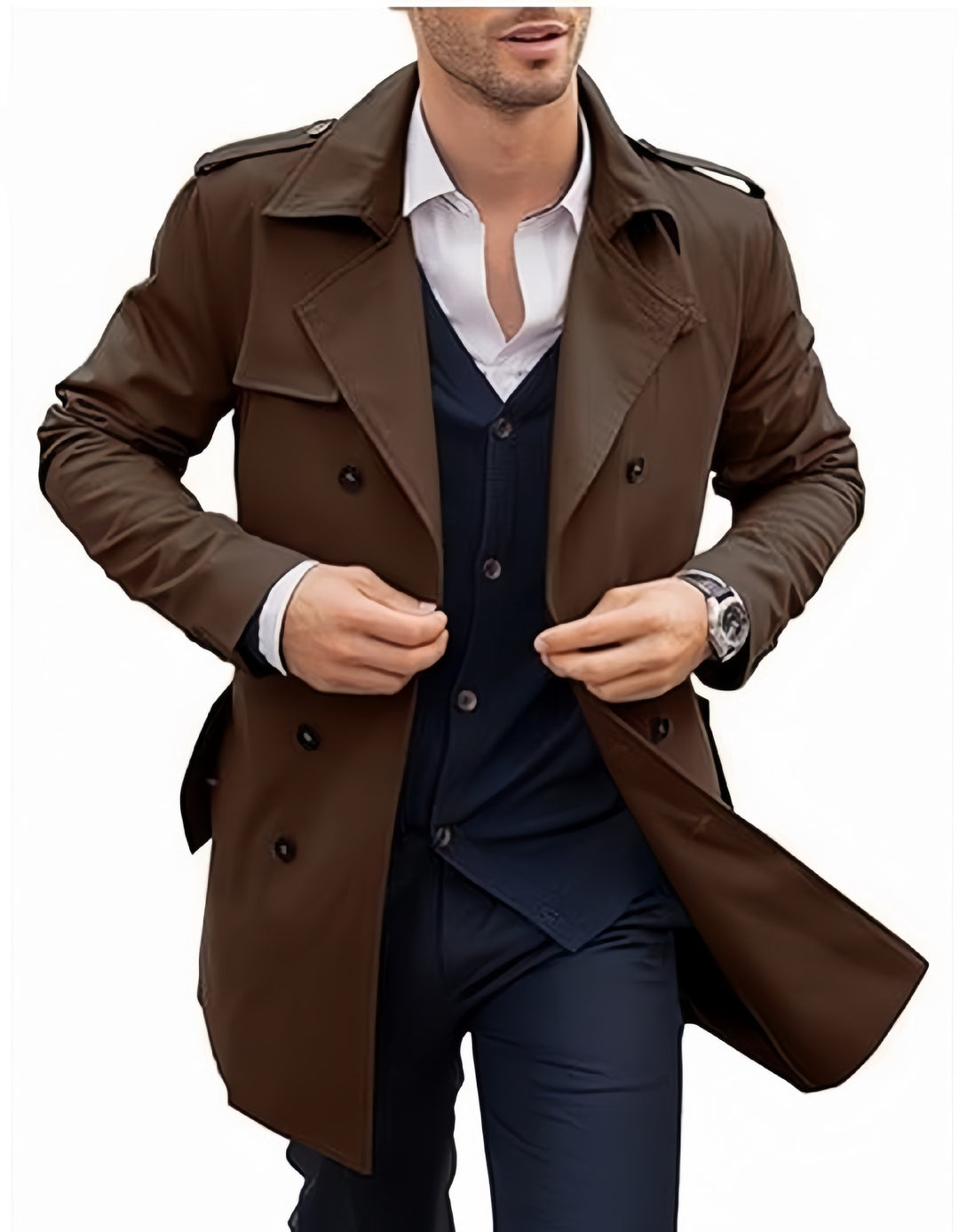 Herren eleganter Trenchcoat mit strukturiertem Design und doppelter Knopfleiste Heidi-Mode