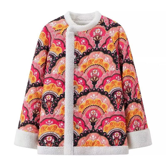 Damen Steppjacke mit floralem Fleece-Innenfutter und elegantem Knopfverschluss Heidi-Mode