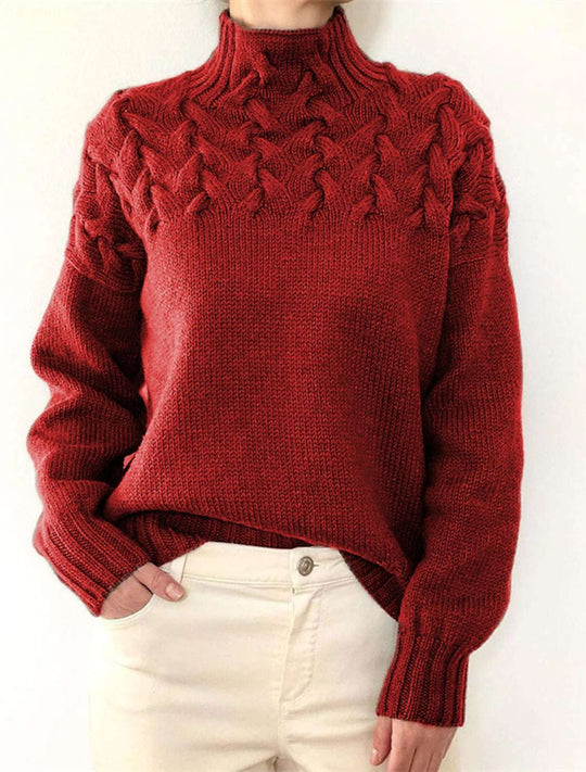 Damen Grobstrickpullover mit Stehkragen und Zopfmuster Heidi-Mode