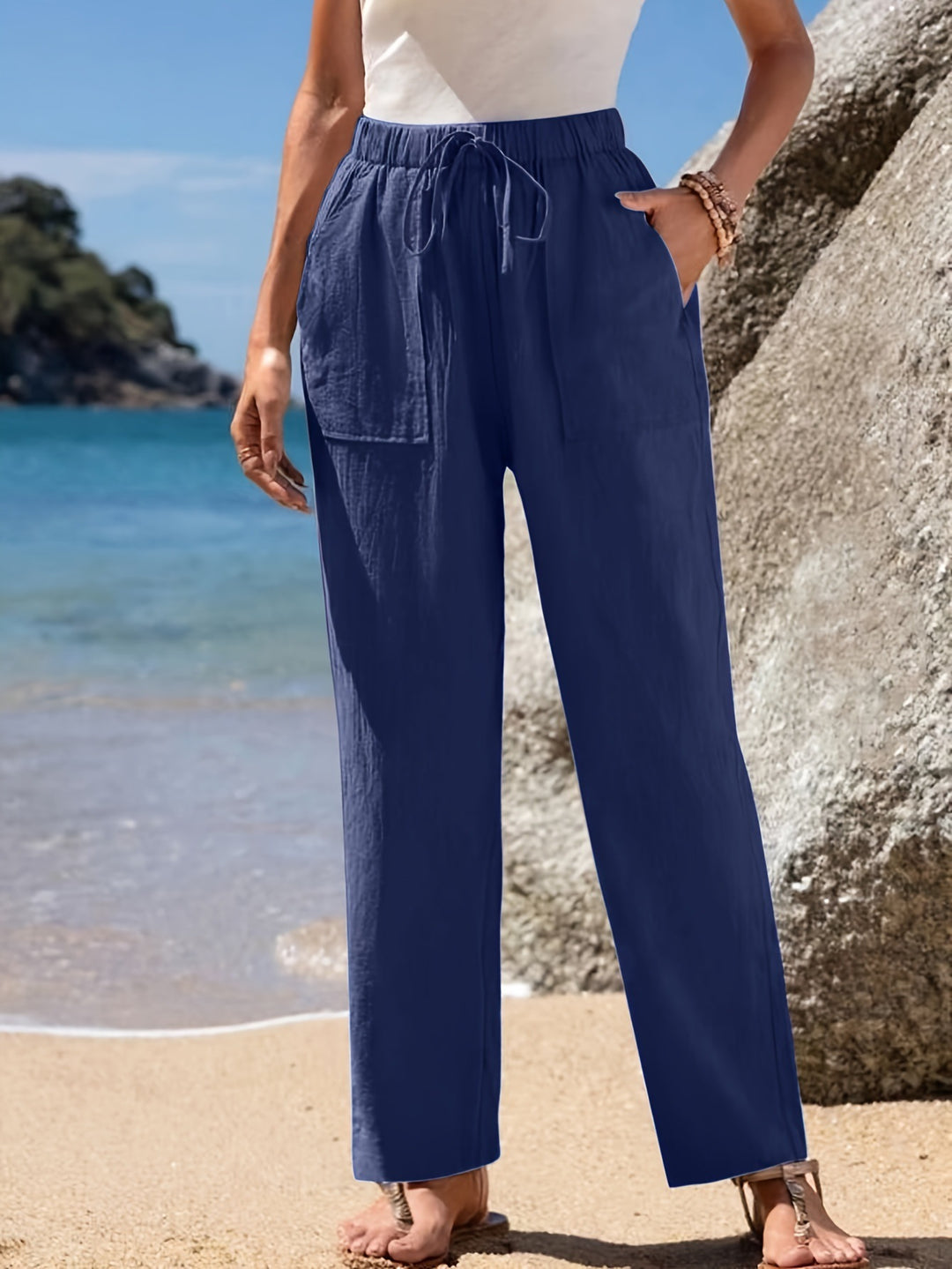 Damen Locker geschnittene Strandhose mit praktischen Taschen und elastischem Bund Heidi-Mode