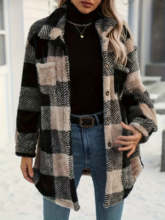 Damen Teddyjacke mit kariertem Muster und weichem Fell Heidi-Mode