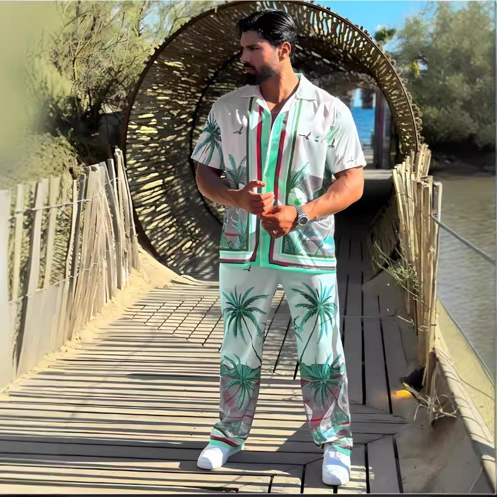 Herren Strandhemd und Hose im tropischen Palmen-Design mit kurzärmligem Schnitt Heidi-Mode