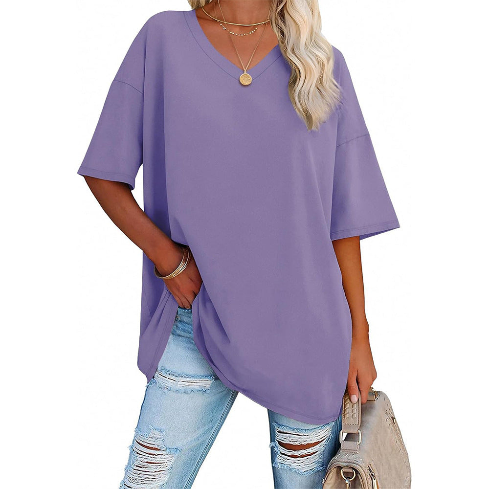 Damen Oversized T-Shirt mit V-Ausschnitt und seitlichen Schlitzen Heidi-Mode
