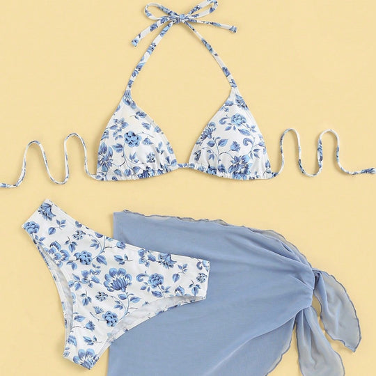 Damen Triangel-Bikini-Set mit romantischem Blumenmuster und eleganter Pareo Heidi-Mode