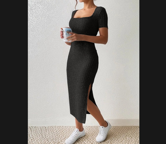 Damen Figurbetontes Maxikleid mit seitlichen Schlitzen und elastischem Material Heidi-Mode