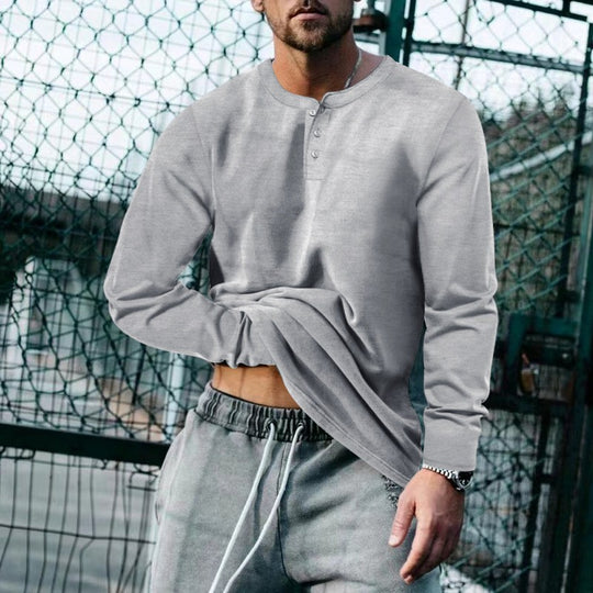 Herren lässiges Langarmshirt mit Knopfleiste und weichem Material Heidi-Mode