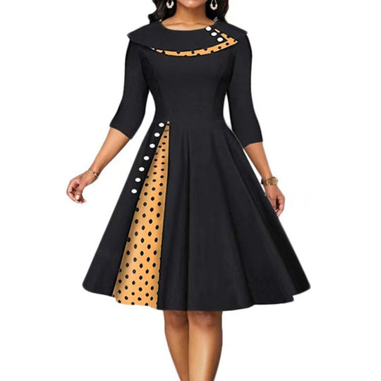 Damen Elegantes Midi-Kleid mit Punkten und seitlicher Kontrastdetail Heidi-Mode
