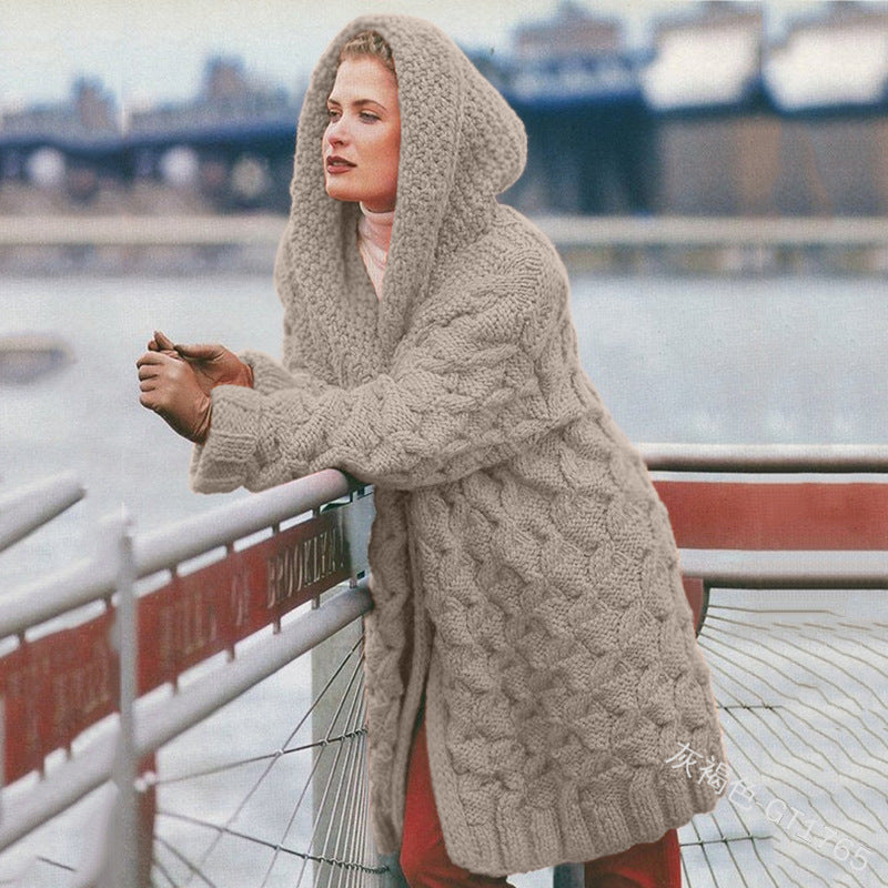 Damen oversized Grobstrickmantel mit Kapuze Heidi-Mode