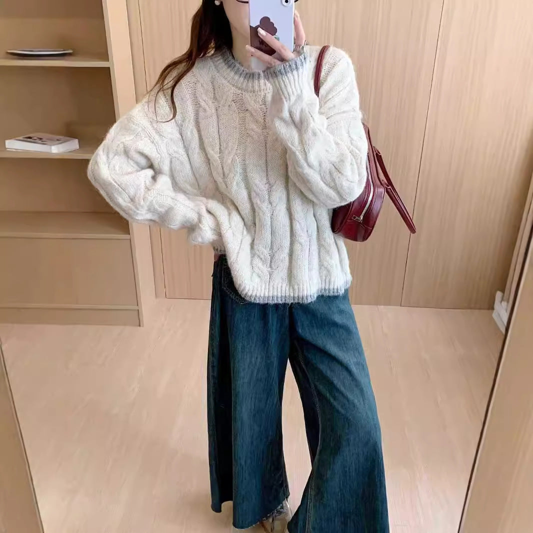 Damen Grob gestrickter Pullover mit Zopfmuster und Rundhalsausschnitt Heidi-Mode