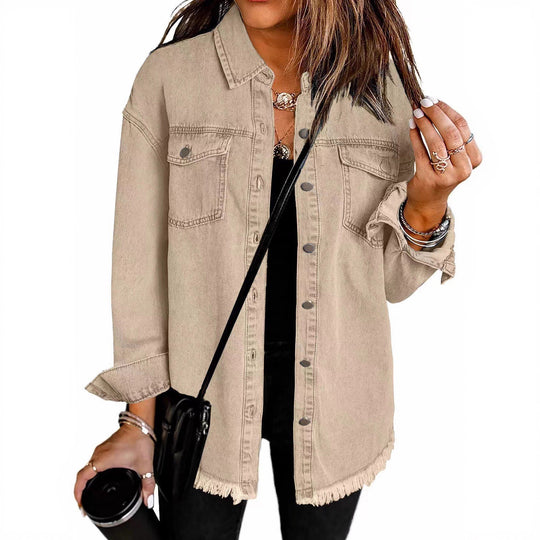 Damen Denim Overshirt mit fransigem Saum und Brusttaschen Heidi-Mode