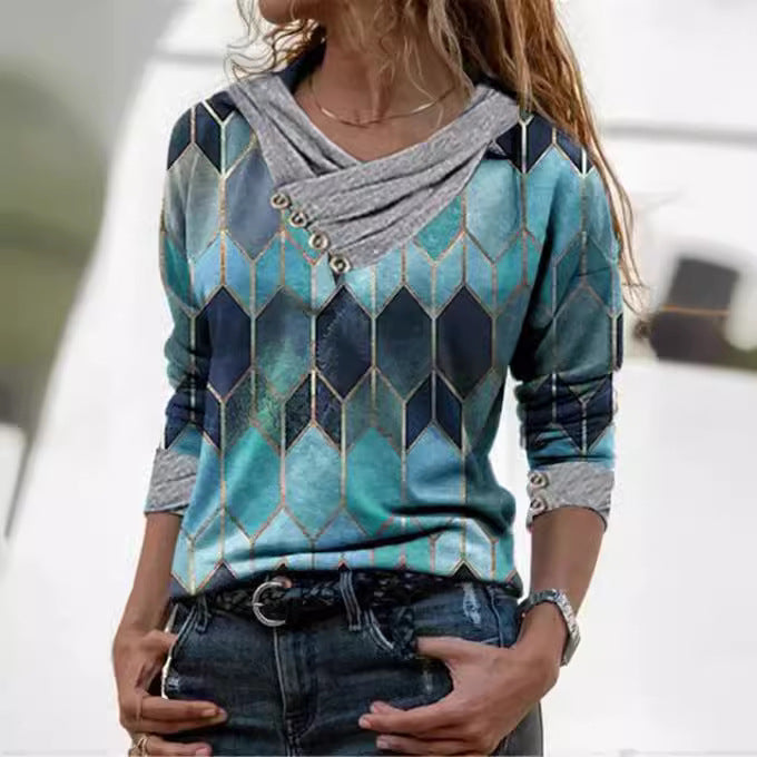 Damen modisches Langarmshirt mit V-Ausschnitt und dekorativen Knopfdetails Heidi-Mode