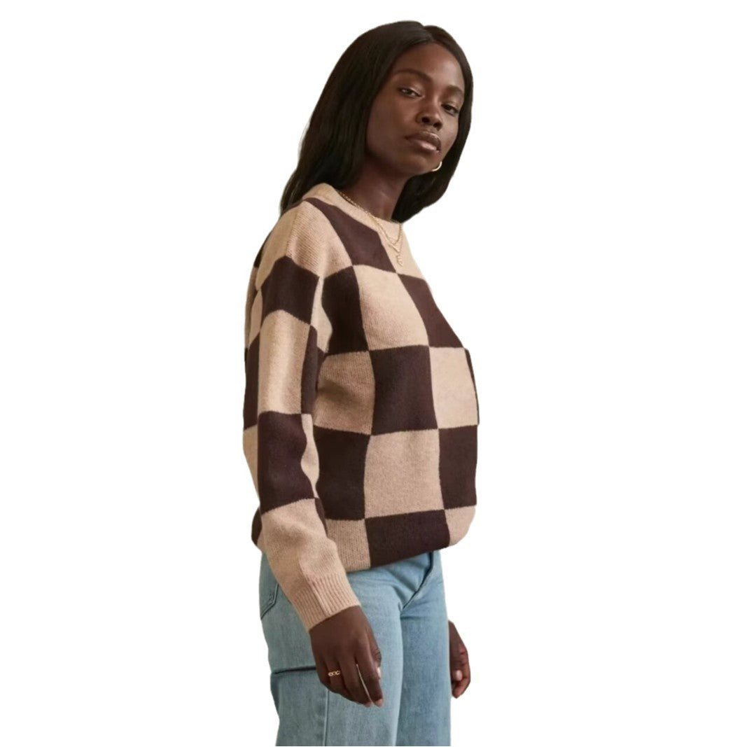Damen modischer Pullover mit grafischem Karomuster und Rundhalsausschnitt Heidi-Mode