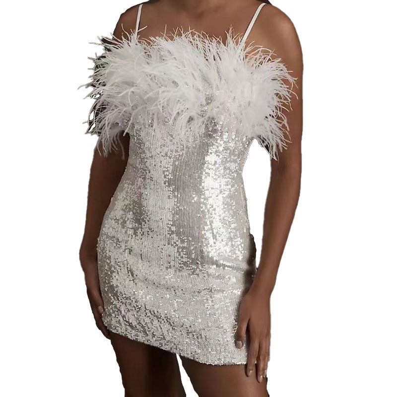 Damen Partykleid mit Pailletten und Federdetails Heidi-Mode