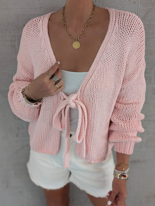 Damen lässige Strickjacke mit Bindeverschluss und weiten Ärmeln Heidi-Mode