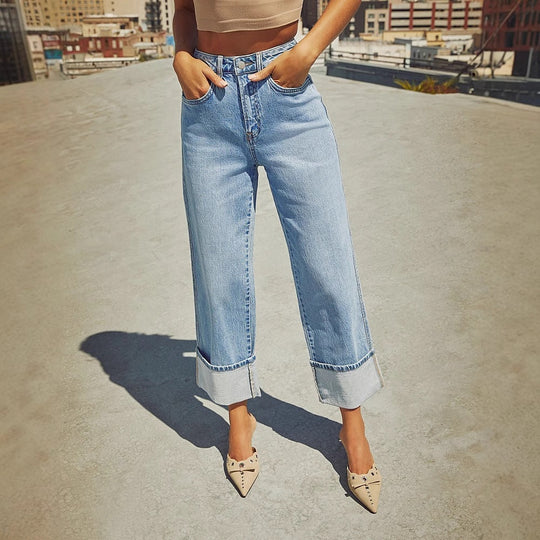 Damen Weit geschnittene Jeans mit moderner Säumenprägung Heidi-Mode