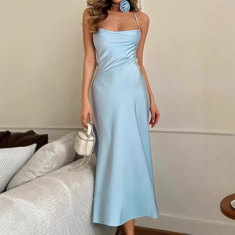 Damen Elegantes Bodenkotan Maxi-Kleid mit schmalen Spaghetti-Trägern und tiefem Ausschnitt Heidi-Mode