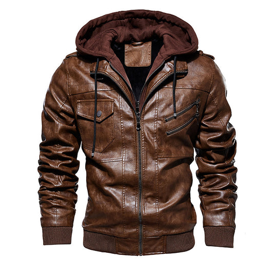 Herren lässige Kunstlederjacke mit abnehmbarer Kapuze und zahlreichen Taschen Heidi-Mode