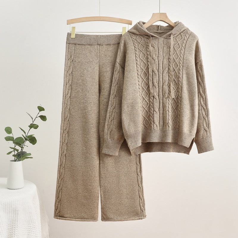 Damen lässiges Strick-Loungewear-Set mit Kapuze und breiten Beinen Heidi-Mode